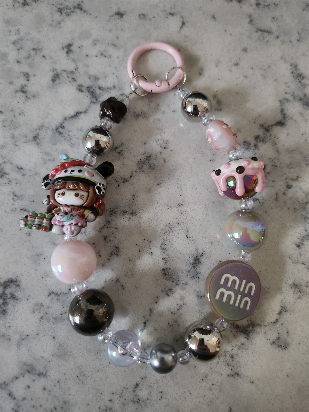 Cute Pink Mini Min Bead Charm Keychain